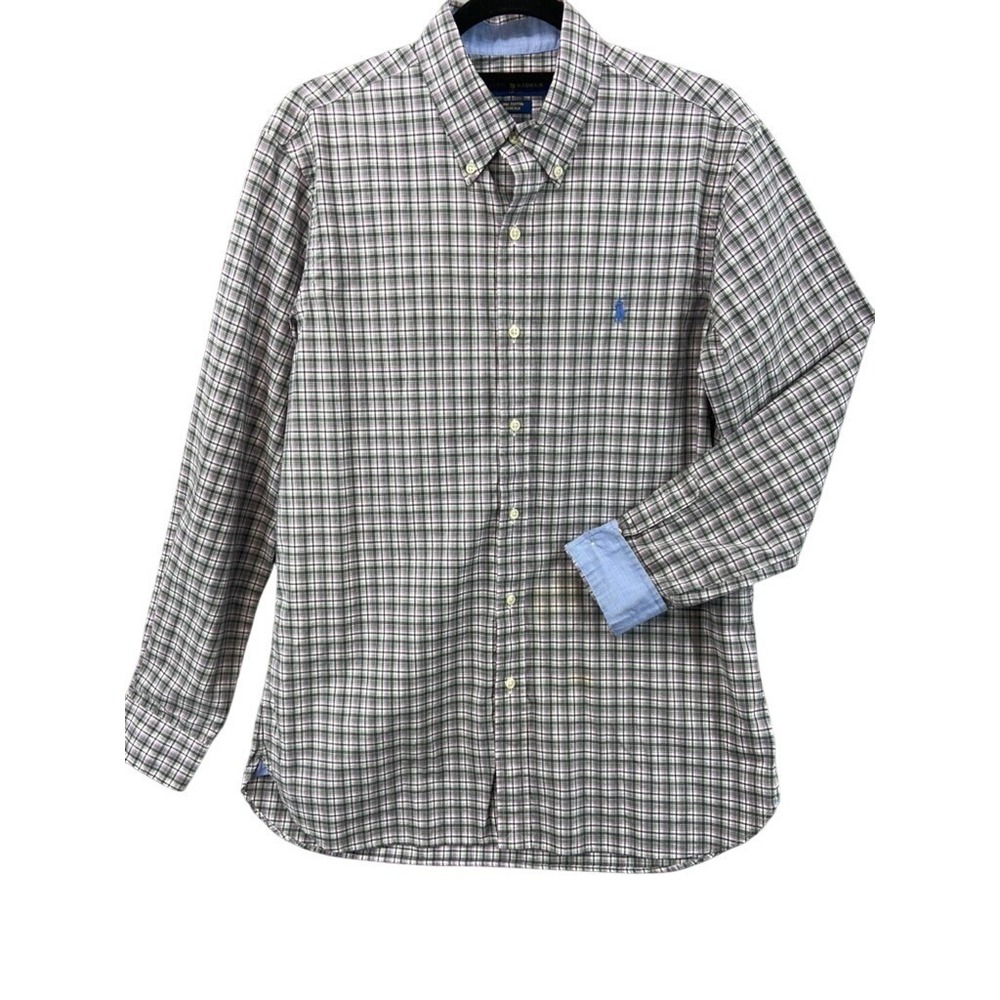 Ralph Lauren Shirt Mens Sz M Button Down Grey Purple Plaid Stretch Cotton Pony